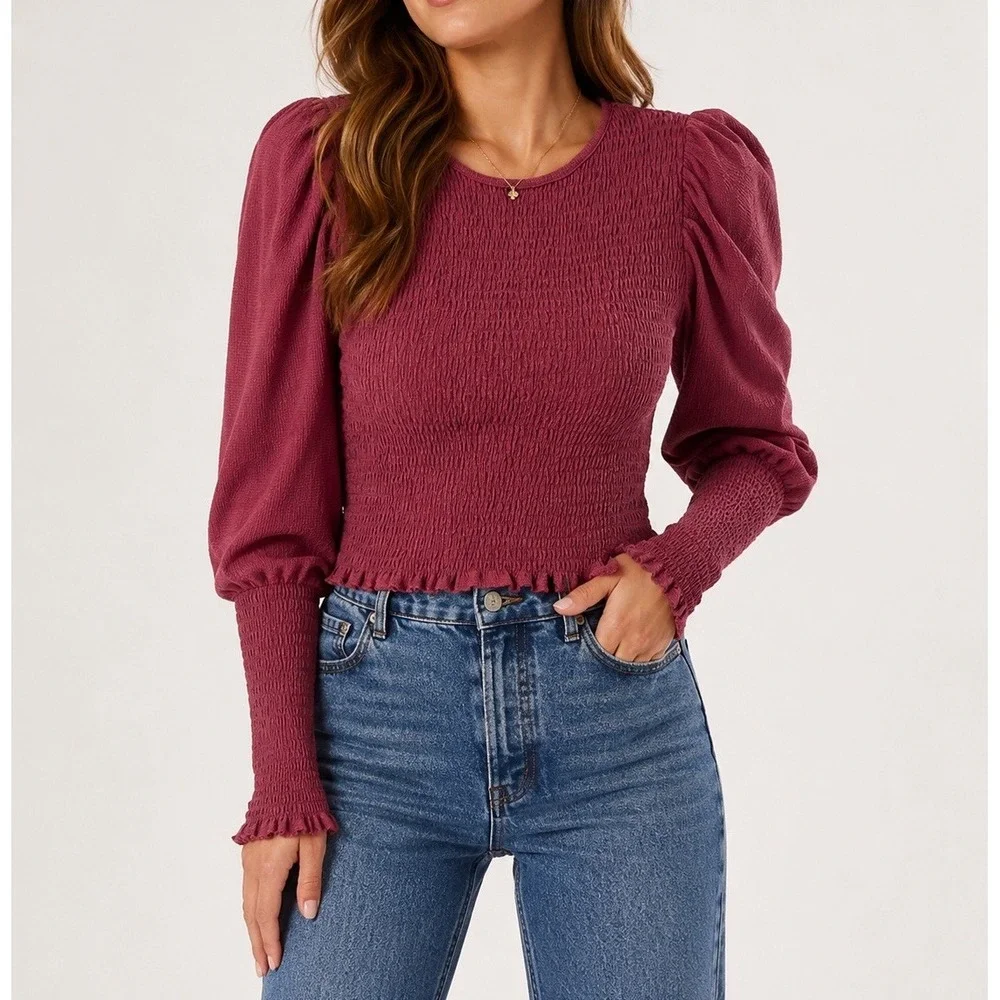 Anthropologie XS Smocked Puff Sleeve Top Burgundy Ruffle Romantic Boho Blouse